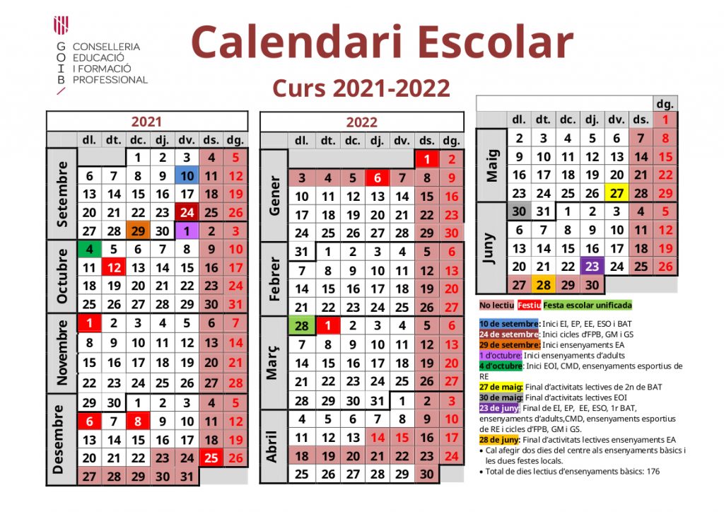 Circular 59 Calendari Escolar Curs 202122 Calendario Escolar Curso